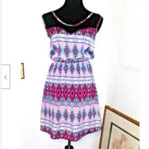Anthropologie Paisley & Ivy  dress short Aztec Geometric print Blouson pink blue
